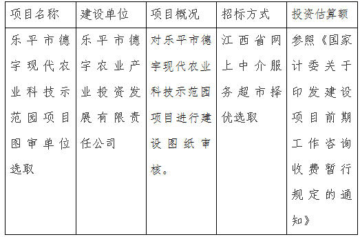 樂平市德宇現(xiàn)代農(nóng)業(yè)科技示范園項(xiàng)目圖審單位選取項(xiàng)目計(jì)劃公告