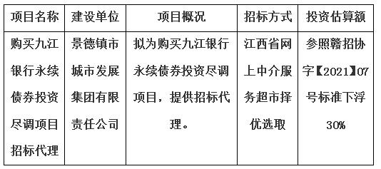 購(gòu)買(mǎi)九江銀行永續(xù)債券投資盡調(diào)項(xiàng)目招標(biāo)代理計(jì)劃公告